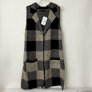 Open Front Plaid Long Cardigan Vest Heathered Black & Oatmeal Color With Pockets